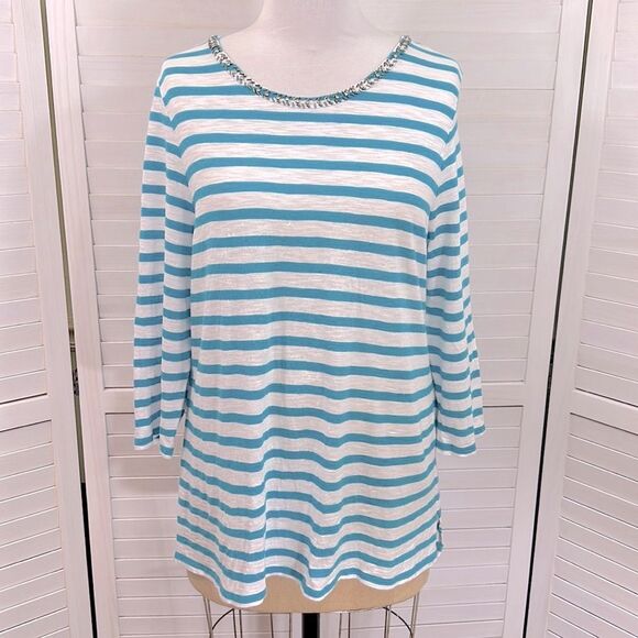 Chico’s Size Tunic Tee 3 XL Blue Rock Star Stripe Embellished - Picture 2 of 15